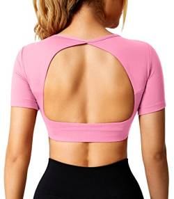 ZAAYO Sport Shirt Damen Backless Short Sleeved Halter Crop Top Highly Stretchy Fitness Stitching Shirts Puderzucker Small von ZAAYO