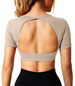 ZAAYO Sport Shirt Damen Backless Short Sleeved Halter Crop Top Highly Stretchy Fitness Stitching Shirts Reisweiß Large von ZAAYO