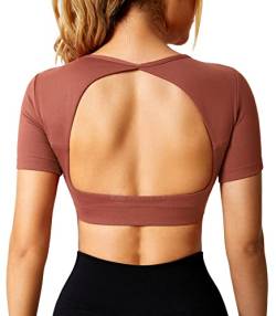 ZAAYO Sport Shirt Damen Backless Short Sleeved Halter Crop Top Highly Stretchy Fitness Stitching Shirts Rosenrot Large von ZAAYO