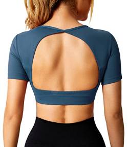 ZAAYO Sport Shirt Damen Backless Short Sleeved Halter Crop Top Highly Stretchy Fitness Stitching Shirts Walblau Medium von ZAAYO