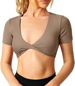 ZAAYO Workout Crop Tops Damen Short Sleeve Twist Front Crop Tank Top BH Gepolstert Kurzärmeliges Oberteil mit Offenem Nabel Gym Shirts Brown X-Small von ZAAYO