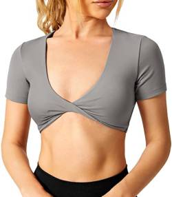 ZAAYO Workout Crop Tops Damen Short Sleeve Twist Front Crop Tank Top BH Gepolstert Kurzärmeliges Oberteil mit Offenem Nabel Gym Shirts Light Grey Large von ZAAYO