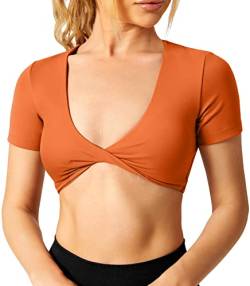 ZAAYO Workout Crop Tops Damen Short Sleeve Twist Front Crop Tank Top BH Gepolstert Kurzärmeliges Oberteil mit Offenem Nabel Gym Shirts Orange Large von ZAAYO