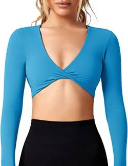 ZAAYO Workout Crop Tops für Damen Langarm Twist Front Crop Tank Top mit Brustpolster Casual Langarmshirts Dodger Blue Medium von ZAAYO