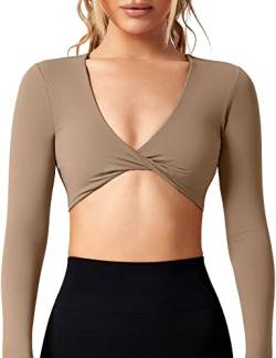 ZAAYO Workout Crop Tops für Damen Langarm Twist Front Crop Tank Top mit Brustpolster Casual Langarmshirts Light Brown Large von ZAAYO