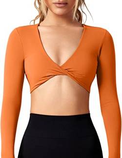 ZAAYO Workout Crop Tops für Damen Langarm Twist Front Crop Tank Top mit Brustpolster Casual Langarmshirts Orange Large von ZAAYO