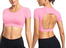 ZAAYO Workout T-Shirt für Damen Crop Top Sportshirt Sexy Rückenfrei Oberteil Bauchfrei Laufshirt Funktionsshirt Atmungsaktiv Leicht Fitness Shirts Sporttop Rosa X-Small von ZAAYO
