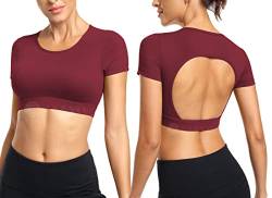 ZAAYO Workout T-Shirt für Damen Crop Top Sportshirt Sexy Rückenfrei Oberteil Bauchfrei Laufshirt Funktionsshirt Atmungsaktiv Leicht Fitness Shirts Sporttop Wein Large von ZAAYO