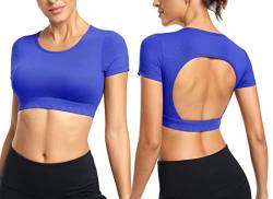 ZAAYO Workout Tops für Damen T-Shirt Crop Top Sportshirt Sexy Rückenfrei Oberteil Bauchfrei Sommer Laufshirt Funktionsshirt Atmungsaktiv Leicht Fitness Shirts Sporttop Blau, XS von ZAAYO