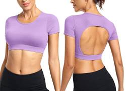 ZAAYO Workout Tops für Damen T-Shirt Crop Top Sportshirt Sexy Rückenfrei Oberteil Bauchfrei Sommer Laufshirt Funktionsshirt Atmungsaktiv Leicht Fitness Shirts Sporttop Helles Lila,L von ZAAYO