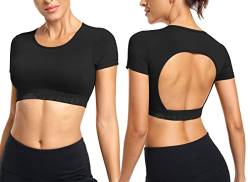 ZAAYO Workout Tops für Damen T-Shirt Crop Top Sportshirt Sexy Rückenfrei Oberteil Bauchfrei Sommer Laufshirt Funktionsshirt Atmungsaktiv Leicht Fitness Shirts Sporttop Schwarz, XS von ZAAYO