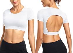 ZAAYO Workout Tops für Damen T-Shirt Crop Top Sportshirt Sexy Rückenfrei Oberteil Bauchfrei Sommer Laufshirt Funktionsshirt Atmungsaktiv Leicht Fitness Shirts Sporttop Weiß,S von ZAAYO