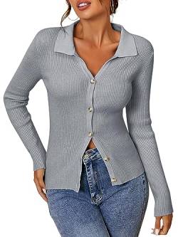 Langärmeliger Damen-Polo-Pullover, V-Ausschnitt, Knopfleiste, gerippt, Strickjacke, Oberteil, Lightgrey, Groß von ZAFUL