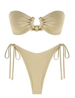 ZAFUL Bandeau-Bikini-Set mit Metallringen, seitliche Bindung, hoher Schnitt, 2-teilig, Badeanzug mit Cutout, Bademode, Heller Kaffee, Medium von ZAFUL