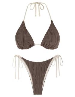 ZAFUL Bikini-Sets für Damen, Neckholder, zweiteiliger Badeanzug, gerippt, hoch geschnitten, seitliche Tanga, Badeanzug, sexy, gepolsterte Bademode, Deep Coffee, Large von ZAFUL