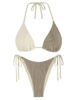 ZAFUL Bikini-Sets für Damen, Neckholder, zweiteiliger Badeanzug, gerippt, hoch geschnitten, seitliche Tanga, Badeanzug, sexy, gepolsterte Bademode, Kaffee, Medium von ZAFUL