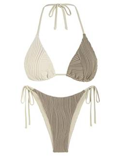 ZAFUL Bikini-Sets für Damen, Neckholder, zweiteiliger Badeanzug, gerippt, hoch geschnitten, zum Binden an der Seite, Tanga, Badeanzug, sexy, gepolsterte Bademode, Kaffee, Large von ZAFUL