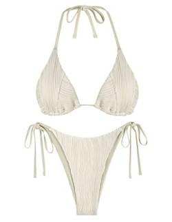 ZAFUL Bikini-Sets für Damen, Neckholder, zweiteiliger Badeanzug, gerippt, hoher Schnitt, Seitenband, Badeanzug, sexy gepolsterte Bademode, Beige, S von ZAFUL