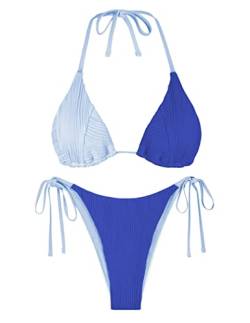 ZAFUL Bikini-Sets für Damen, Neckholder, zweiteiliger Badeanzug, gerippt, hoher Schnitt, Seitenband, Badeanzug, sexy gepolsterte Bademode, Blau, S von ZAFUL