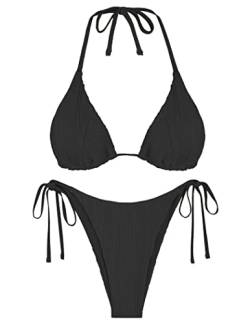 ZAFUL Bikini-Sets für Damen, Neckholder, zweiteiliger Badeanzug, gerippt, hoher Schnitt, Seitenband, Badeanzug, sexy gepolsterte Bademode, Schwarz, Medium von ZAFUL