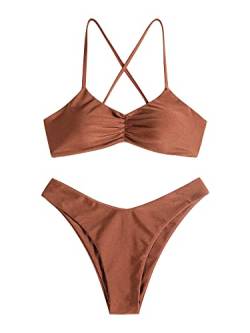 ZAFUL Damen 2-teiliger Badeanzug Sexy Spaghetti-Träger Bademode Seft Tie Ruched Sparkle Triangle Bikini Sets, Braun, Medium von ZAFUL