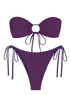 ZAFUL Damen Bandeau-Bikini-Set, seitlich gebunden, Badebekleidung, O-Ring, gerafft, trägerlos, Badeanzug, Neckholder, Zweiteiliger Badeanzug von ZAFUL