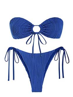 ZAFUL Damen Bandeau-Bikini-Set, seitlich gebunden, Badebekleidung, O-Ring, gerafft, trägerlos, Badeanzug, Neckholder, Zweiteiliger Badeanzug von ZAFUL