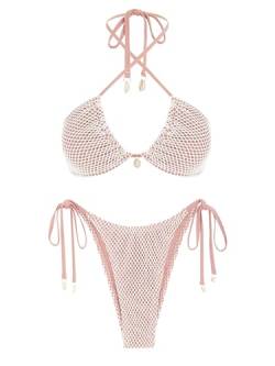 ZAFUL Damen-Bikini, Triangel-Bikini, Multiway-Fischnetz-Bindeband, Bandeau-Neckholder-Bikini-Set, zweiteiliger Badeanzug, 1-light pink, Medium von ZAFUL