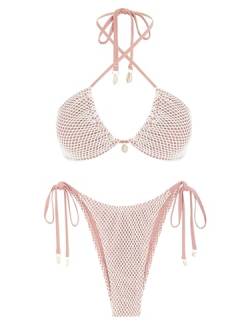 ZAFUL Damen-Bikini, Triangel-Bikini, Multiway-Fischnetz-Bindeband, Bandeau-Neckholder-Bikini-Set, zweiteiliger Badeanzug, 1-light pink, XL von ZAFUL