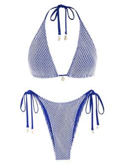 ZAFUL Damen-Bikini, Triangel-Bikini, Multiway-Fischnetz-Bindeband, Bandeau-Neckholder-Bikini-Set, zweiteiliger Badeanzug, 1-royal blue, Medium von ZAFUL