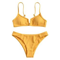 ZAFUL Damen Bikini Set, Zweiteilige Gerippter Bikini-Oberteil mit V-Verkabelung High Cut Bademode Sexy Swimsuit Sommer (Gelb, M) von ZAFUL