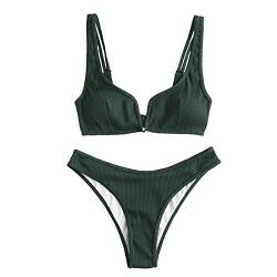 ZAFUL Damen Bikini Set, Zweiteilige Gerippter Bikini-Oberteil mit V-Verkabelung High Cut Bademode Sexy Swimsuit Sommer (Mittleres Waldgrün, S) von ZAFUL