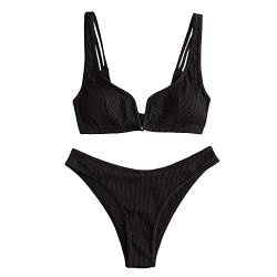 ZAFUL Damen Bikini Set, Zweiteilige Gerippter Bikini-Oberteil mit V-Verkabelung High Cut Bademode Sexy Swimsuit Sommer (Schwarz, M) von ZAFUL