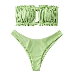 ZAFUL Damen Bikini Set, schulterfrei Bandeau mit Kordelzug & Rüschen High Cut Einfarbig Bademode (A-Hellgrün,M) von ZAFUL