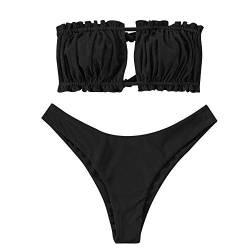 ZAFUL Damen Bikini Set, schulterfrei Bandeau mit Kordelzug & Rüschen High Cut Einfarbig Bademode (A-Schwarz,L) von ZAFUL