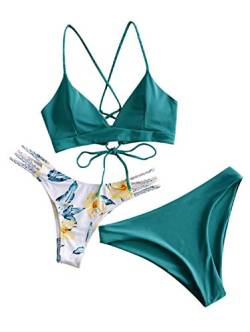 ZAFUL Damen Bikini-Set 3 Pieces mit Blumenmuster gepolstegrte Push-Up BH mit Flechtgurt Cami Triangel Cheeky Badeanzug Bademode (3-Grün,L) von ZAFUL