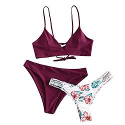 ZAFUL Damen Bikini-Set mit Flechtgurt verstellbarem BH Push-Up Rücken, Triangle Bustle Badehose mit Blummenmuster (Pflaumentorte Rot, S) von ZAFUL