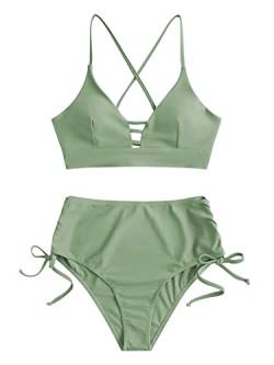 ZAFUL Damen-Bikini-Set mit hoher Taille, Sonnenblume, zweiteilig, Bauchkontrolle, Tankini, Schnürung, Wickel-Badeanzug, Hellgrün, X-Large von ZAFUL