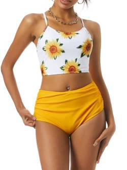 ZAFUL Damen Bikini-Set mit hoher Taille, Sonnenblume, zweiteilig, Bauchkontrolle, Tankini, Schnürung, Wickelanzug, Sonnenblumen-gelb, Medium von ZAFUL