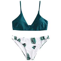 ZAFUL Damen Bikini Sets, Push-Up Spaghettiträger Bikini Obertiel Hoher Bund Pflanzenmuster Badehose Sommer (Pfauenblau, M) von ZAFUL