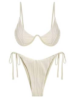 ZAFUL Damen Bikini Sets Gerippt Zweiteilige Badeanzüge Bügel Verstellbarer Rückenverschluss Badeanzug Seitliche Krawatte Tanga Bademode, Beige, Large von ZAFUL