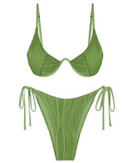ZAFUL Damen Bikini Sets Gerippt Zweiteilige Badeanzüge Bügel Verstellbarer Rückenverschluss Badeanzug Seitliche Krawatte Tanga Bademode, Grün , Large von ZAFUL