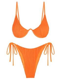 ZAFUL Damen Bikini Sets Gerippt Zweiteilige Badeanzüge Bügel Verstellbarer Rückenverschluss Badeanzug Seitliche Krawatte Tanga Bademode, Orange/Abendrot im Zickzackmuster (Sunset Chevron), Medium von ZAFUL