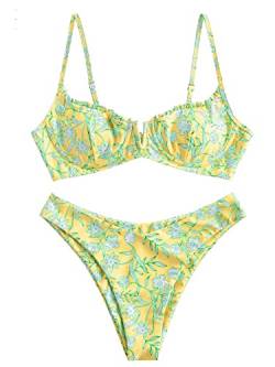 ZAFUL Damen Bügel Bikini Floral High Cut Bikini Set V-Wired Zweiteiliger Badeanzug Badeanzug, 0-gelb, S von ZAFUL