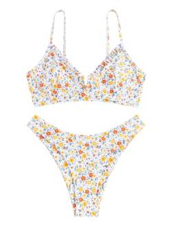 ZAFUL Damen Bügel Bikini Floral High Cut Bikini Set V-Wired Zweiteiliger Badeanzug Badeanzug, 1-gelb, Large von ZAFUL
