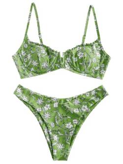 ZAFUL Damen Bügel Bikini Floral High Cut Bikini Set V-Wired Zweiteiliger Badeanzug Badeanzug, 1-grün, S von ZAFUL