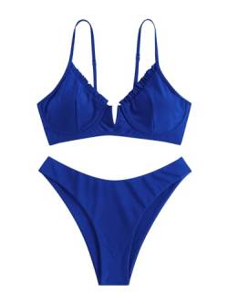 ZAFUL Damen Bügel Bikini Floral High Cut Bikini Set V-Wired Zweiteiliger Badeanzug Badeanzug, 1-royal blue, S von ZAFUL