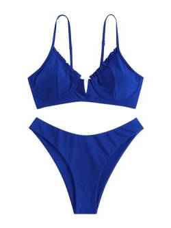 ZAFUL Damen Bügel Bikini Floral High Cut Bikini Set V-Wired Zweiteiliger Badeanzug Badeanzug, 1-royal blue, XL von ZAFUL