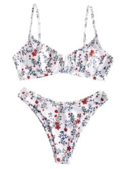 ZAFUL Damen Bügel Bikini Floral High Cut Bikini Set V-Wired Zweiteiliger Badeanzug Badeanzug, 1-weiß, S von ZAFUL