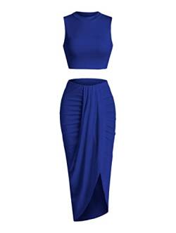 ZAFUL Damen Casual Ärmellos Sommer Zweiteilige Outfits Crop Top und Seite Split Drapiert Rüschen Maxi Rock Set Solid Suit, B-royal blau, Small von ZAFUL